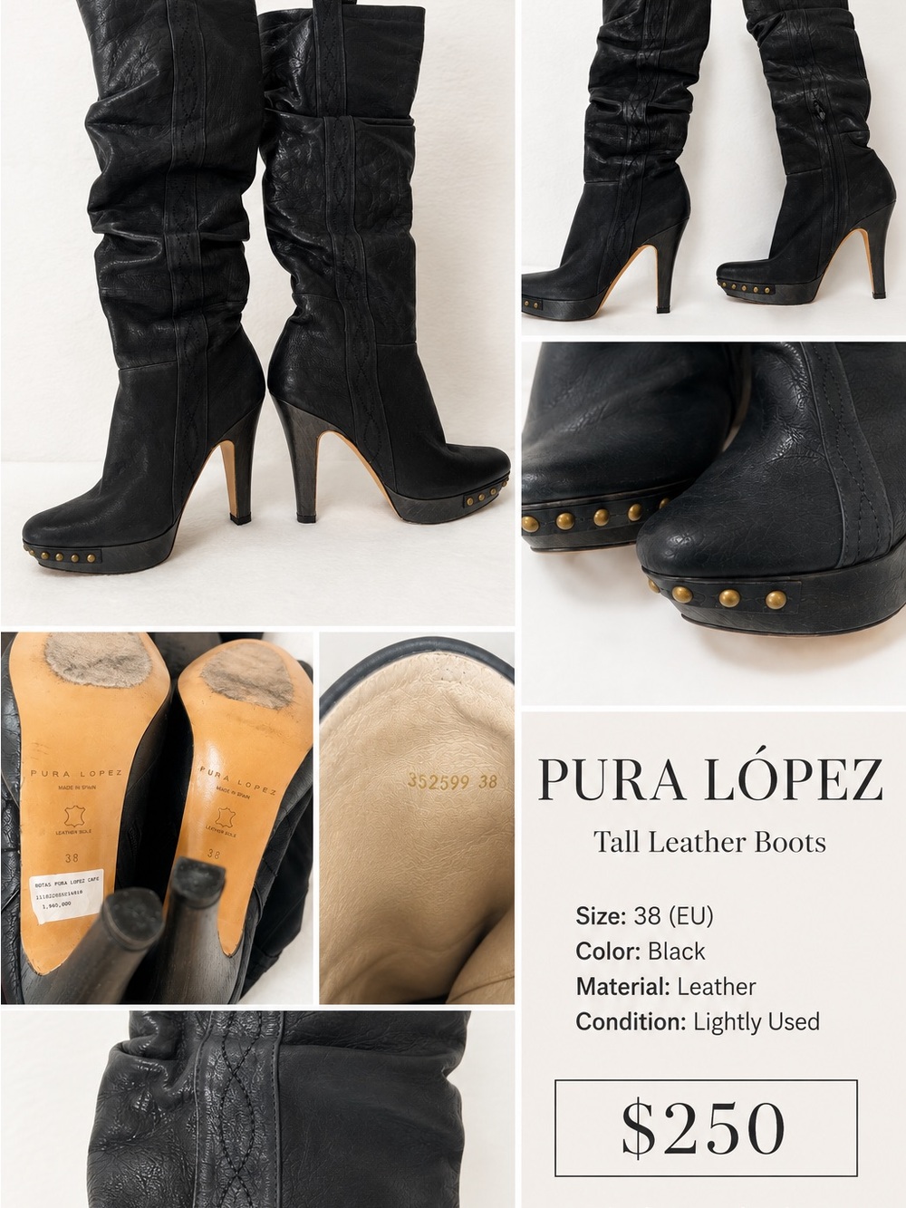 Pura López Black Leather Tall Platform Boots with Stud Accents